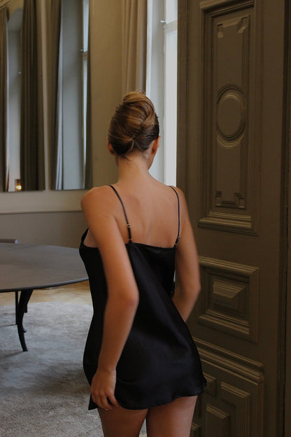 Short Silk Slip Dress in Black