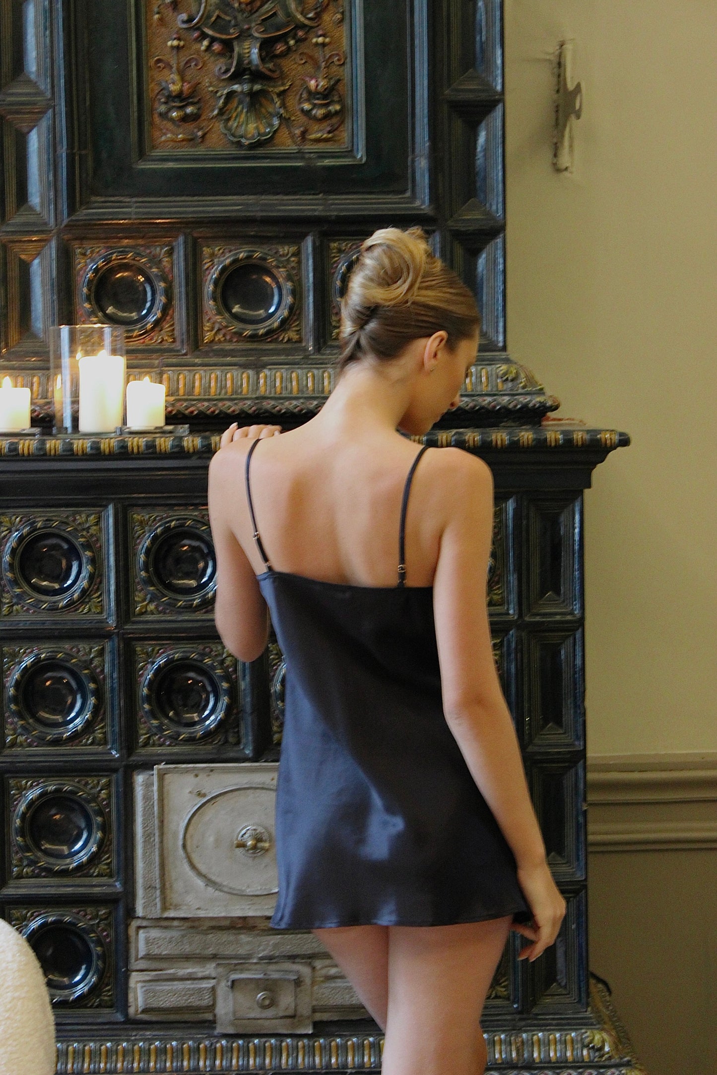 Short Silk Slip Dress in Black